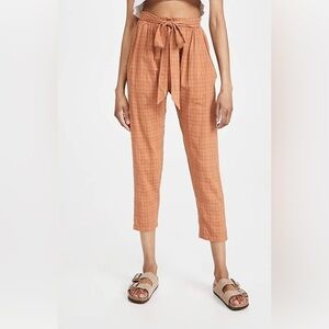 Eberjey Strata Plaid Solid Hudson Tie Waist Crop High Rise Pants Pecan